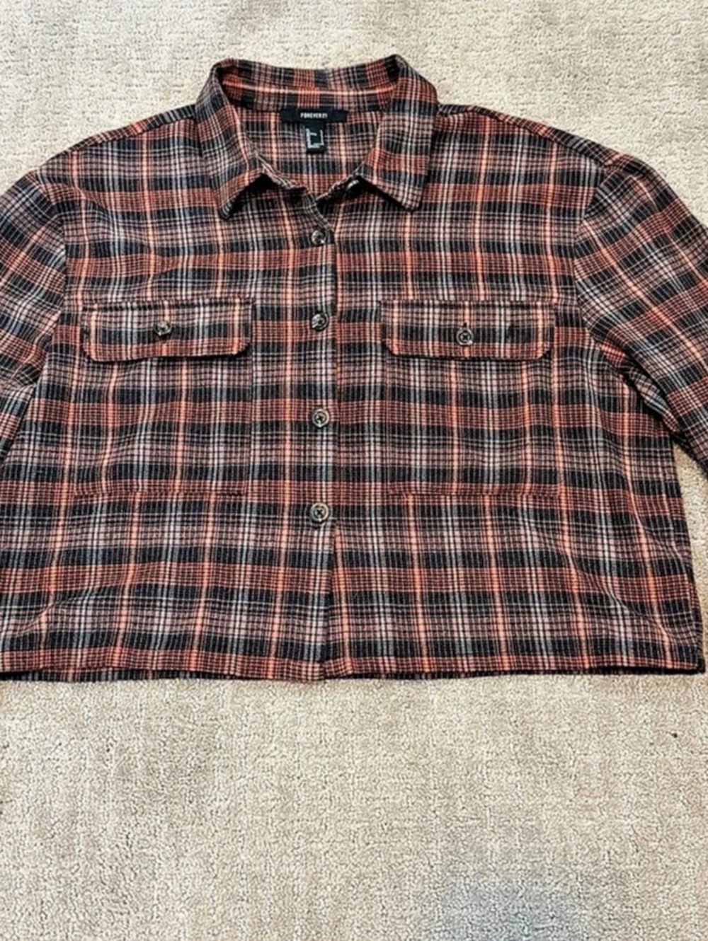 FOREVER 21 Brown Black Plaid Crop Button Up Long Sleeve Top Cropped